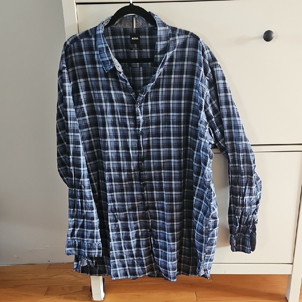 BOSS Navy and Light Blue Plaid Button-Down Shirt Size 4XL